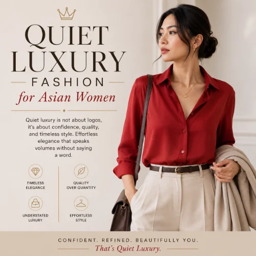 An elegant woman wearing quiet luxury fashion featuring a tailored outfit, neutral tones, and high-quality fabrics on a clean background.