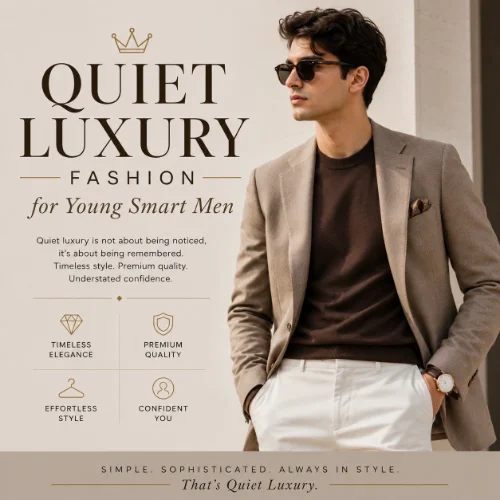 A stylish man wearing minimalist quiet luxury fashion with a tailored blazer, premium trousers, and neutral colors on a clean background.
