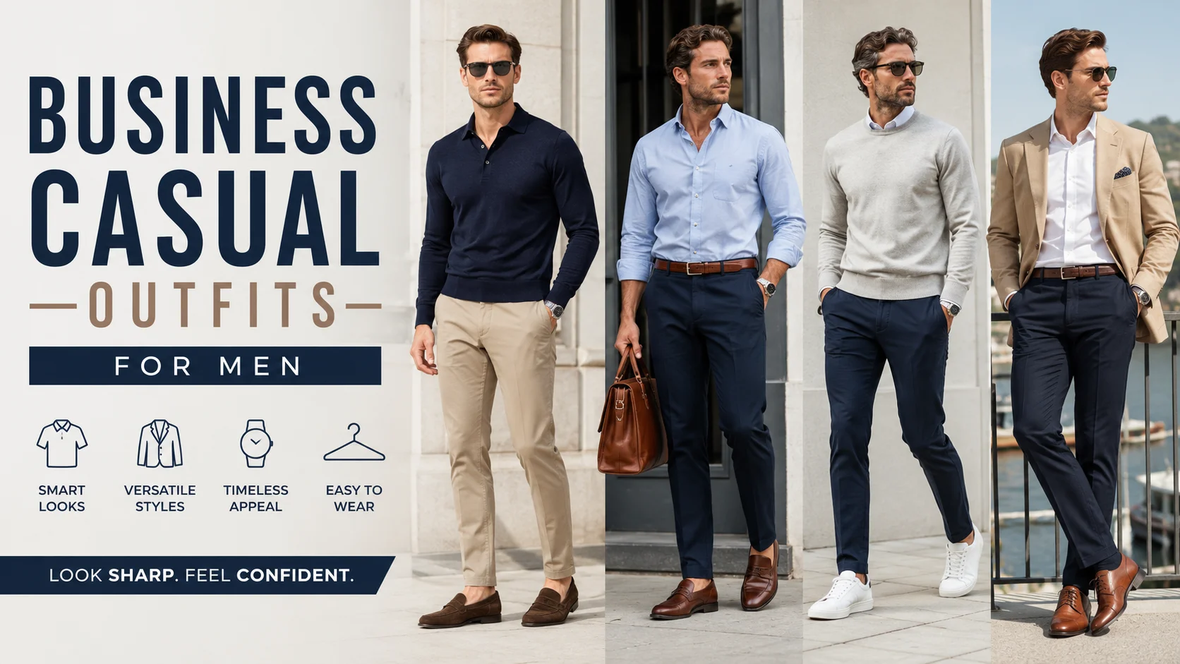 Business casual outfit for men featuring a blazer, dress shirt, chinos, and loafers for a smart and professional look.
