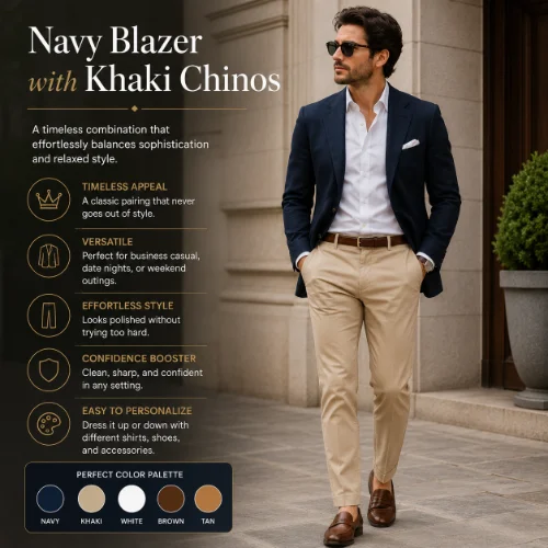 Man wearing a navy blazer with khaki chinos for a smart casual outfit
