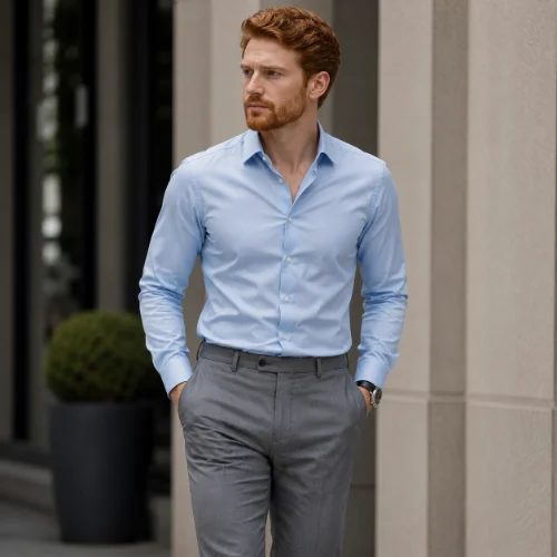 Light blue dress shirt paired with gray dress pants for a polished look