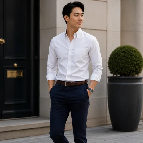 White Oxford shirt styled with navy chinos for a classic smart casual outfit