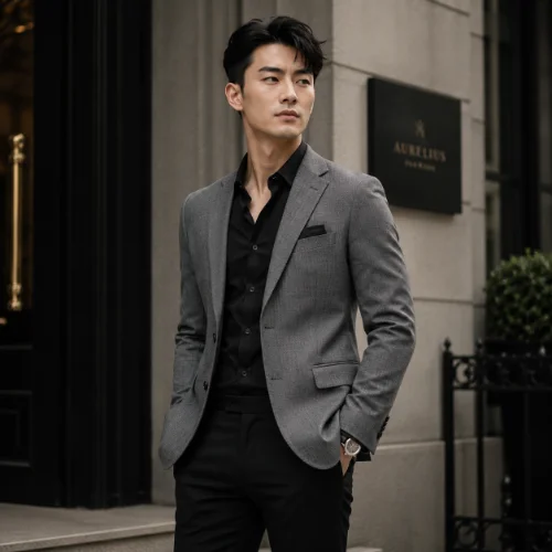 Gray blazer combined with black pants for a refined smart casual appearance