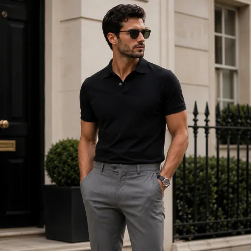 Black polo shirt paired with gray chinos for a sleek and modern outfit
