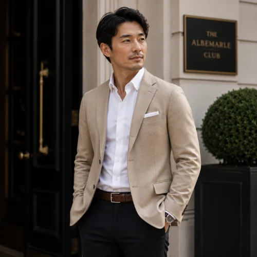 Beige blazer layered over a white shirt for an elegant smart casual style