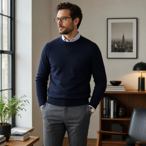 Navy sweater matched with dress pants for a polished and comfortable outfit