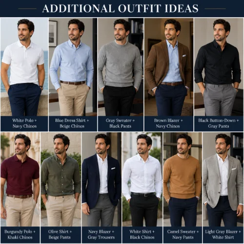 Collection of smart casual outfit ideas featuring blazers, shirts, sweaters, and chinos