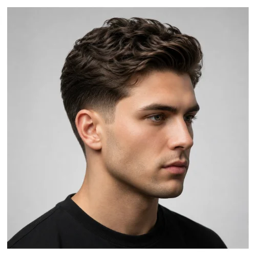 Classic low taper fade with textured top, featuring clean faded sides and layered texture for a timeless modern look