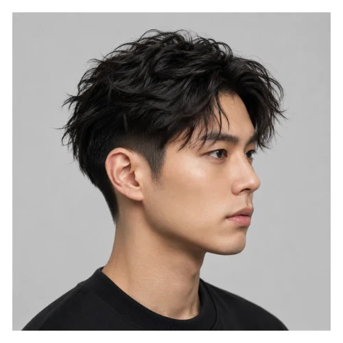Messy low taper fade with a textured top, featuring natural volume, layered texture, and clean tapered sides for a modern trendy hairstyle.