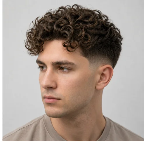 Curly low taper fade with textured top, featuring defined natural curls and clean faded sides for a stylish look