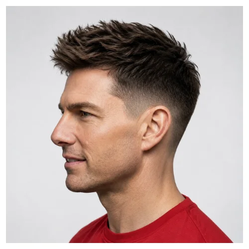 Short low taper fade with textured top, featuring cropped layers and clean faded sides for a neat modern style