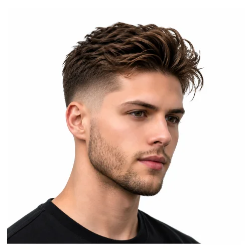 Long low taper fade with textured top, featuring longer layered hair and clean faded sides for a modern look