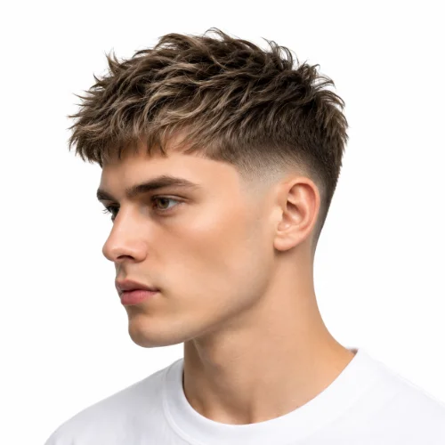 Textured crop low taper fade haircut with choppy layers and clean faded sides for a sharp contemporary look