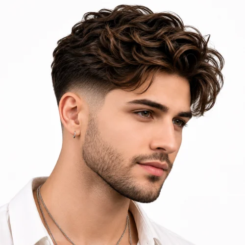 Low taper fade with wavy textured top, featuring natural waves and clean faded sides for a stylish modern look