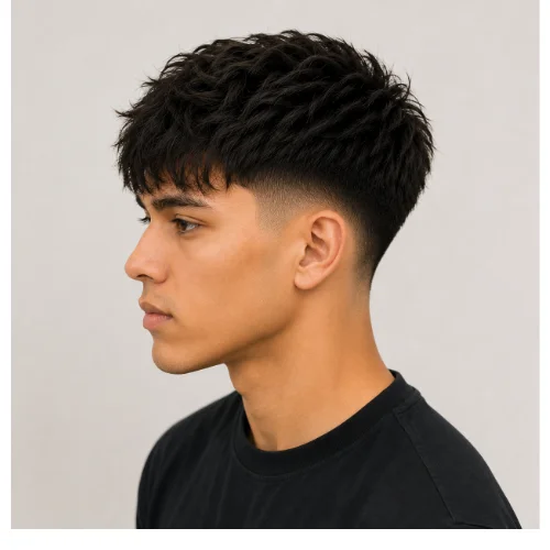 Low taper fade with textured top and fringe, featuring layered front bangs and clean faded sides for a trendy look