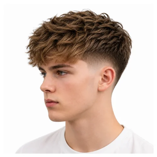 Low taper fade with thick textured top, featuring full layered volume and clean faded sides for a bold modern style