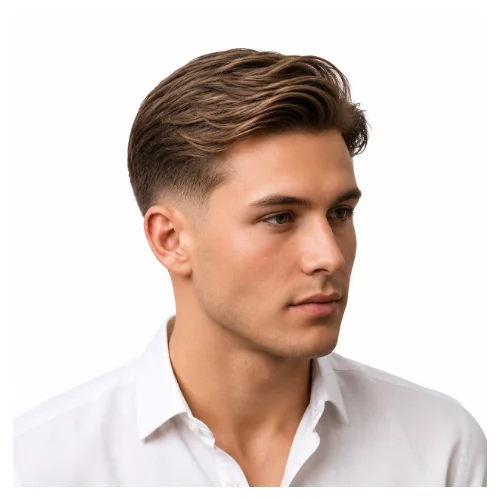 Low taper fade with side-swept textured top, featuring layered hair brushed to the side and clean faded sides for a polished look