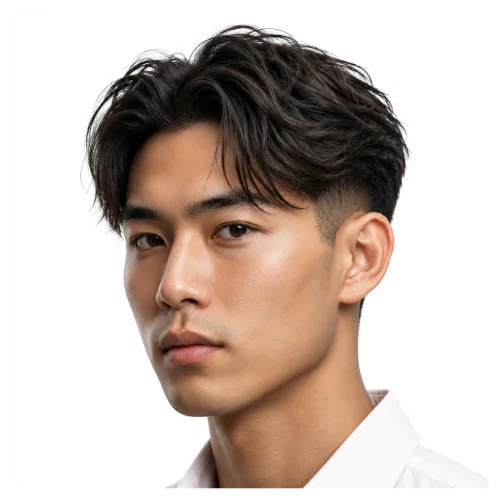 Low taper fade with tousled textured top, featuring loose layered texture and clean faded sides for a relaxed modern look