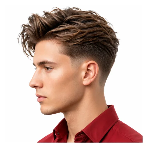 Low taper fade with textured quiff, featuring a voluminous lifted front and clean faded sides for a stylish contemporary look