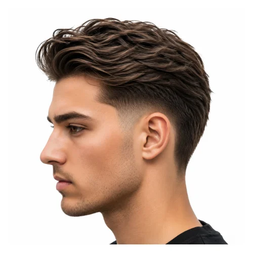 Low taper fade with layered textured top, featuring defined layers and clean faded sides for a modern stylish look