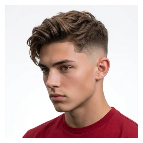 Modern low taper fade with textured top, featuring clean blended sides and a naturally textured finish for a contemporary look