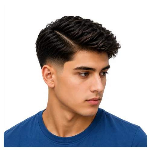 Textured low taper fade side part featuring layered hair, a defined side part, and clean faded sides for a modern look