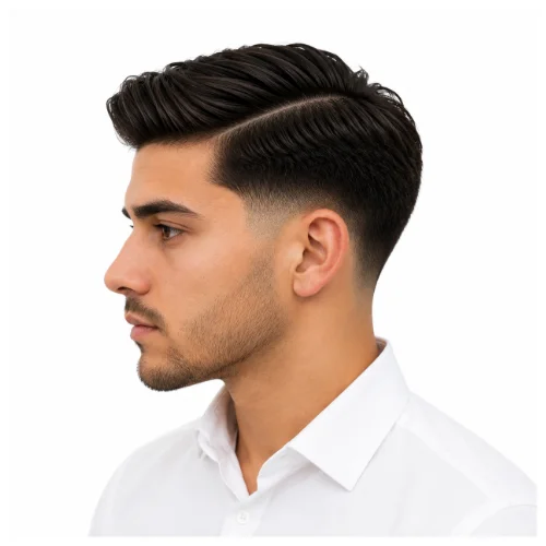 Low taper fade side part with comb over, featuring neatly combed hair and clean faded sides for a polished style