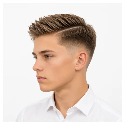 Modern low taper fade side part haircut with a clean side part and blended faded sides for a contemporary look
