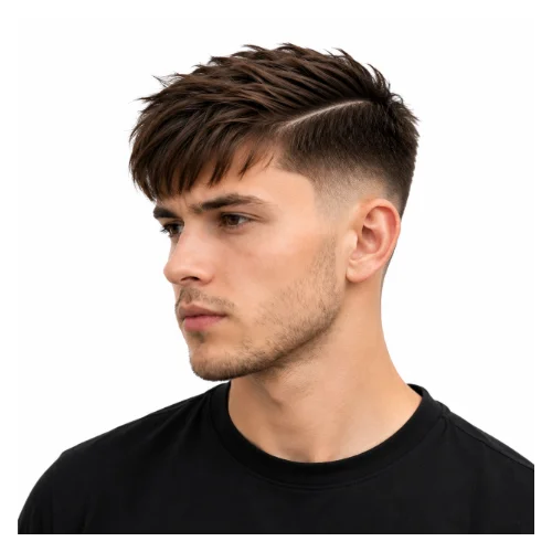 Low taper fade side part with hard part, featuring a shaved part line and clean faded sides for a sharp finish