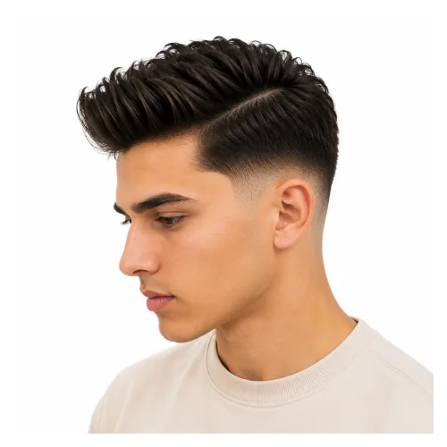 Low taper fade side part with quiff, featuring a voluminous front and clean faded sides for a stylish modern look