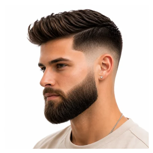 Low taper fade side part with beard, featuring a clean side part, blended fade, and a well-groomed beard for a masculine look