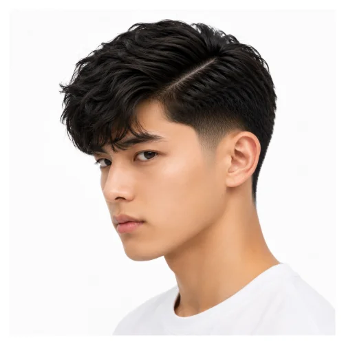 Low taper fade side part for thick hair, featuring full volume on top and clean faded sides for a sharp appearance
