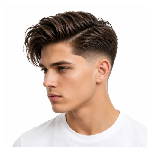 Low taper fade side part with long top, featuring longer layered hair and clean faded sides for a stylish contemporary look