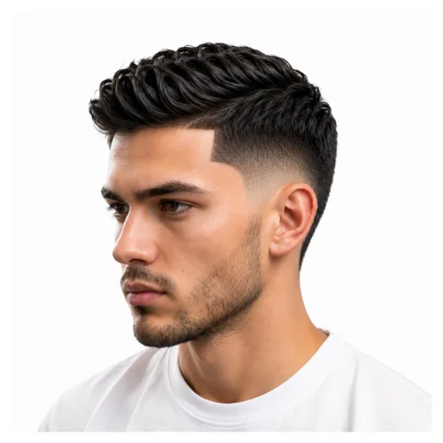 Low taper fade side part with waves, featuring natural wavy hair and clean faded sides for a modern textured look