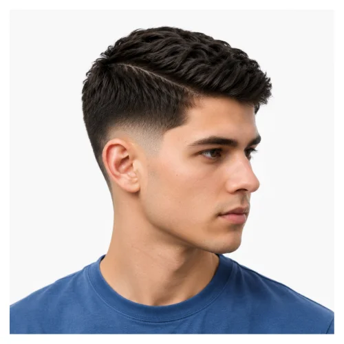 Low taper fade side part with natural finish, featuring soft texture, a clean side part, and smoothly blended faded sides for an effortless modern look
