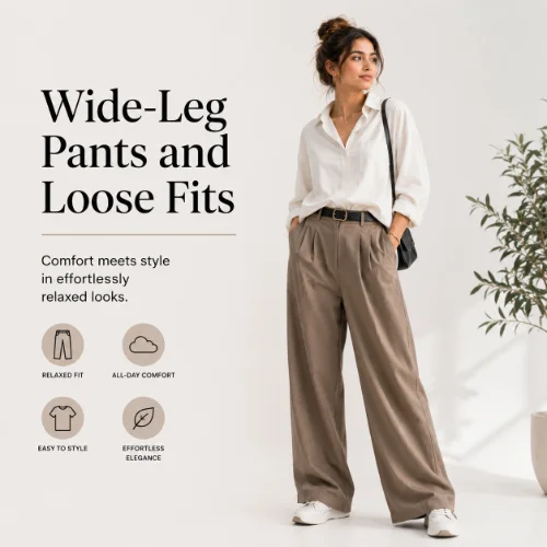 Wide-leg pants and loose-fit clothing creating a comfortable and fashionable everyday look