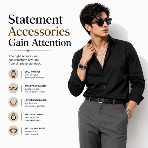 Fashion accessories including bold sunglasses, jewelry, bags, and belts enhancing modern outfits