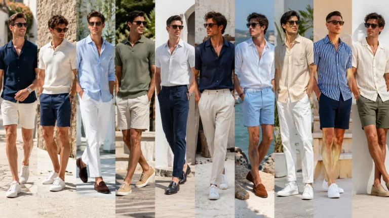 Men's summer outfit featuring lightweight clothing, breathable fabrics, and a stylish warm-weather look