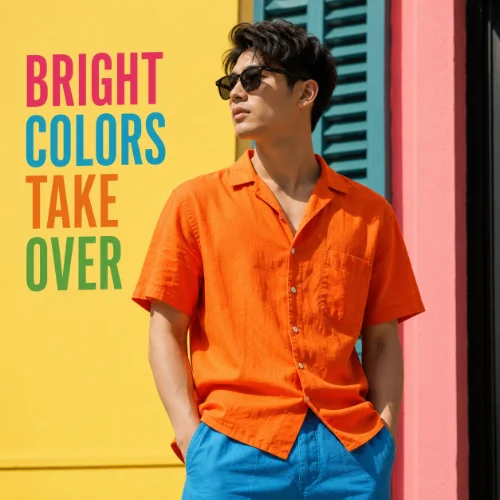 Men's fashion featuring bright colors and bold outfits for a vibrant modern style