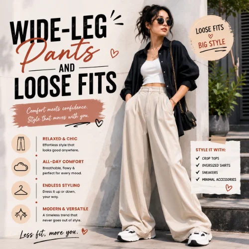 Men's wide-leg pants and loose-fit clothing creating a comfortable and fashionable modern look