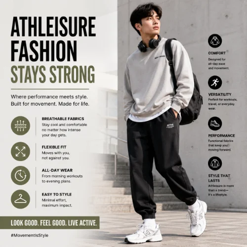 Men's athleisure outfit combining sporty and casual clothing for a comfortable stylish appearance