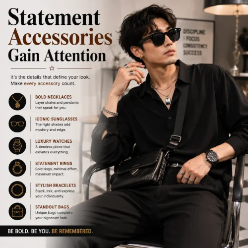 Men's statement accessories including watches, sunglasses, chains, and bags completing a fashionable outfit