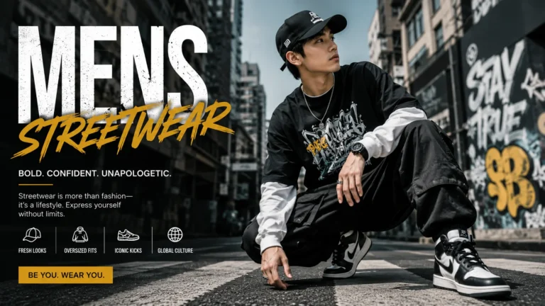Mens streetwear outfit featuring modern urban fashion with relaxed clothing, trendy sneakers, layered pieces, and a stylish casual look