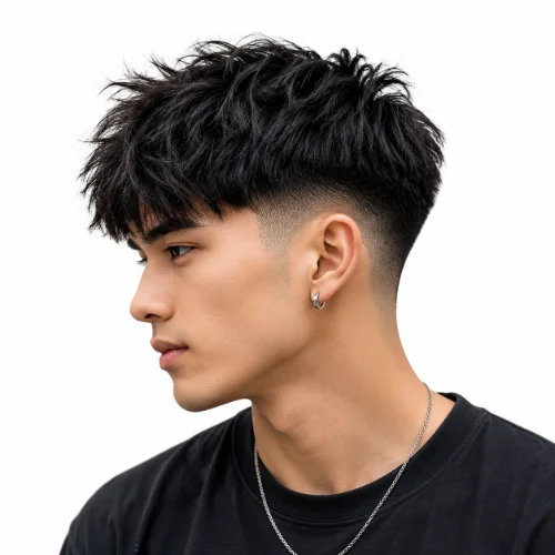 Classic low fade haircut with neatly trimmed sides, textured top, and clean white background.