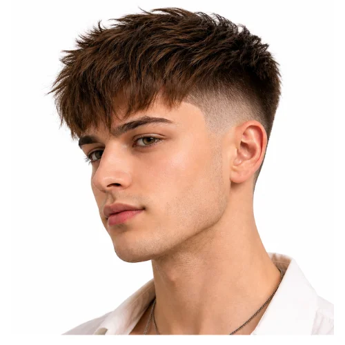 Low fade textured crop haircut featuring short choppy layers and faded sides on a white background.