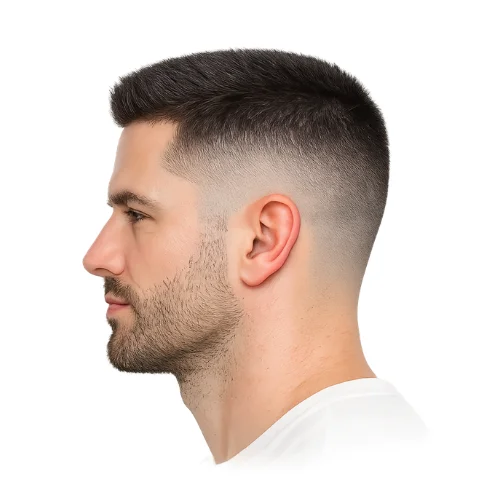 Crew cut with a low fade, short top, and clean tapered sides on a white background.