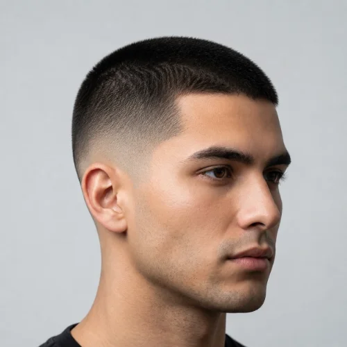 Buzz cut with a low fade featuring ultra-short hair and smooth faded sides on a white background.
