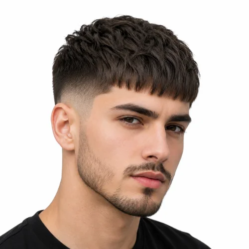 French crop haircut with textured fringe, low fade sides, and white background.