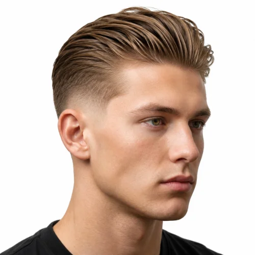 Slick back hairstyle with a low fade, combed-back hair, and clean white background.