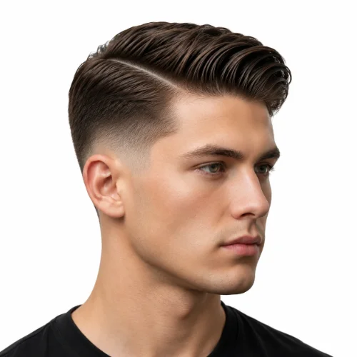 Side part hairstyle with a low fade, defined part line, and white background.
